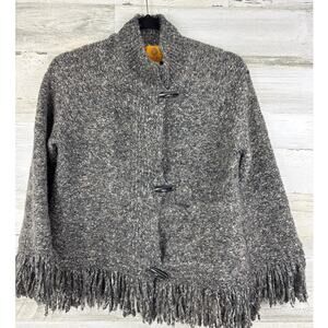 Ruby Rd womens small button up crop gray black boho fringe sweater